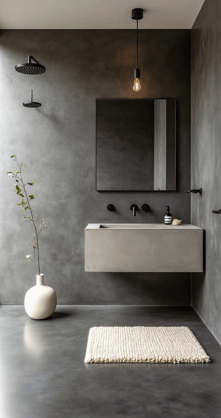 Industrial-chic bathroom with polished charcoal concrete floor, minimalist black shower fixtures, and a floating vanity; cream wool bath mat and white ceramic plant add contrast, all under moody, dramatic lighting.