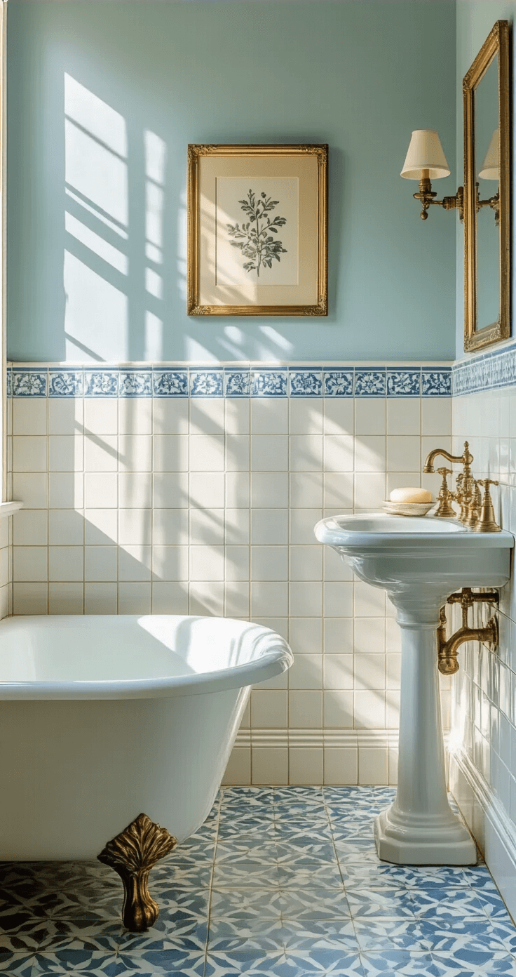 Vintage-inspired bathroom featuring a classic white and soft blue geometric tile floor, clawfoot bathtub, pedestal sink with brass fixtures, and decorative accents, all illuminated by soft, diffused natural light.