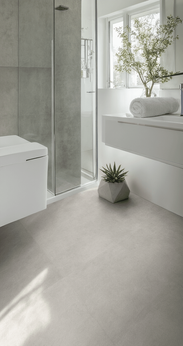 Modern minimalist bathroom featuring light concrete-look sheet vinyl flooring, a sleek wall-mounted toilet, frameless glass shower enclosure, and a floating white vanity; illuminated by bright morning light casting soft shadows, accompanied by minimal decor like a rolled white towel and a geometric concrete planter with a succulent.