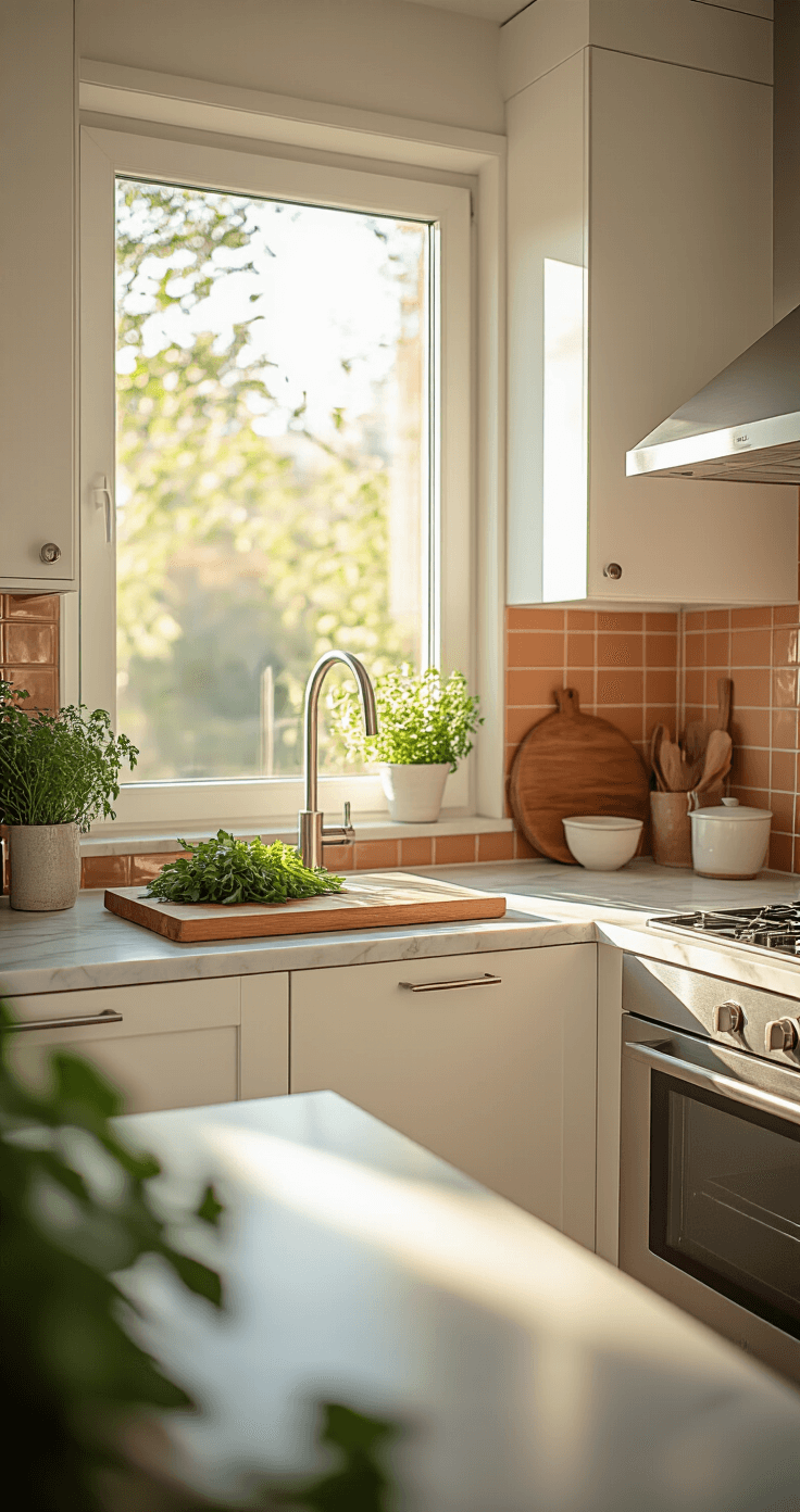Ultra-realistic kitchen interior featuring matte white cabinets, stainless steel appliances, and a marble countertop, illuminated by soft morning light through a sliding window, with a reclaimed wood cutting board displaying fresh herbs against a terracotta tile backsplash.