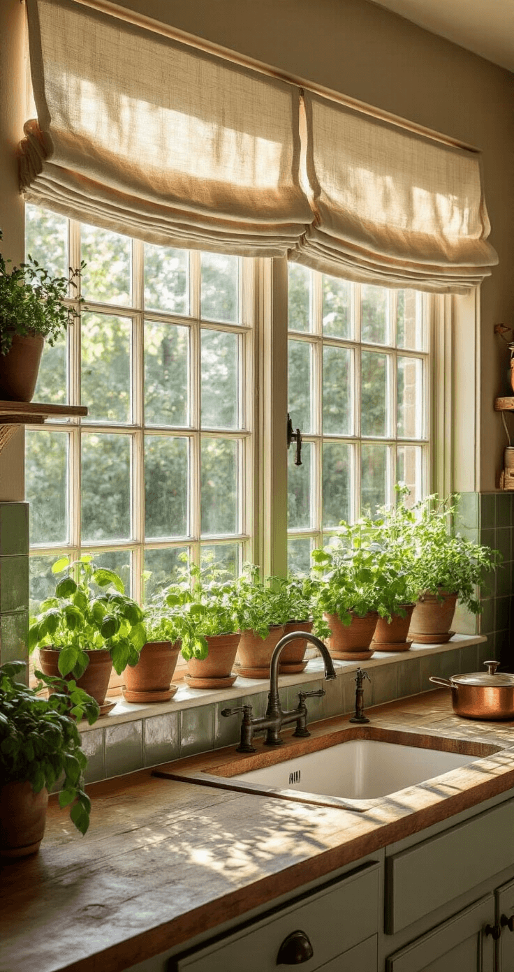 A rustic farmhouse kitchen featuring a large bay garden window illuminated by golden morning light, with handmade ceramic herb pots and trailing basil and mint plants on window shelves. The scene includes a weathered wooden countertop adorned with copper cookware, a partially drawn soft linen roman shade casting elegant shadows, and muted sage green encaustic cement tiles around the window, creating an inviting indoor-outdoor connection in warm earthy tones.