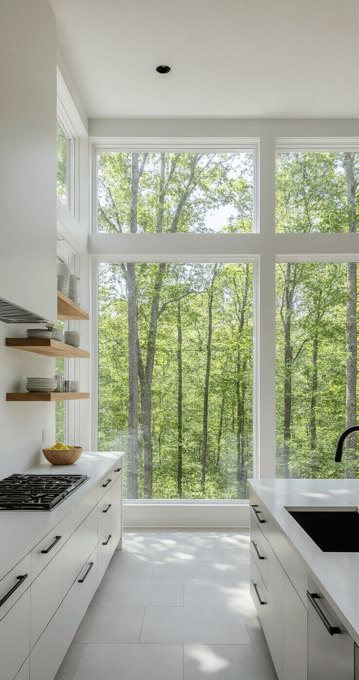 Contemporary kitchen featuring a floor-to-ceiling window with a view of a lush wooded landscape, sleek white quartz countertops, matte black fixtures, minimalist open shelving, light gray tiles, and a soft oatmeal cellular shade, all illuminated by precision lighting that highlights clean lines and geometric design.
