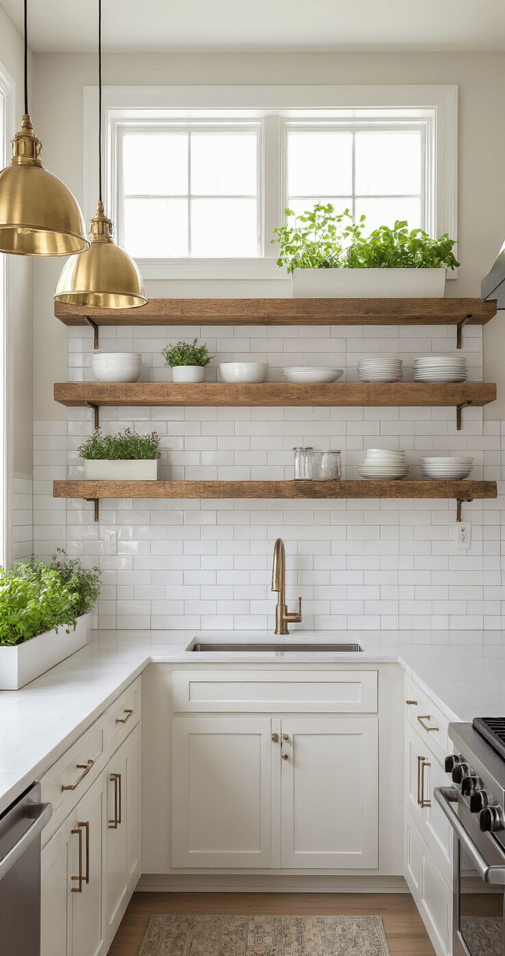 Compact urban kitchen featuring a transom window, split cabinets, glossy white subway tiles, reclaimed wood shelves, industrial brass pendant lights, faux wood blinds, and an integrated herb garden, all in a soft neutral palette with metallic accents.