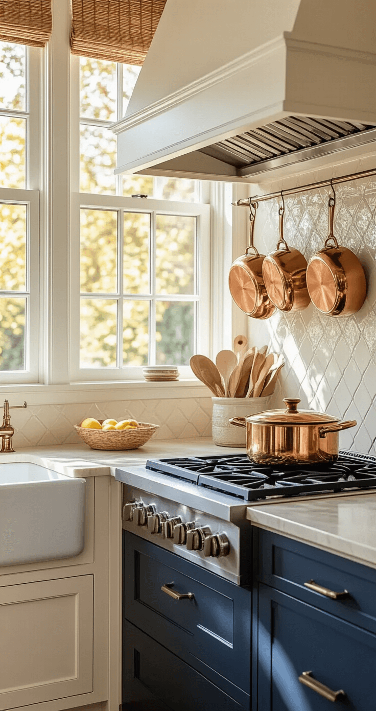 A traditional kitchen featuring a double-hung window above a gas stove, classic white cabinetry with navy blue lower cabinets, and a textured soft cream ceramic tile backsplash. Copper cookware hangs nearby, illuminated by warm afternoon light that creates golden highlights, with a woven wood shade partially drawn. The close-up captures the inviting atmosphere and texture of the cooking preparation area in soft focus.