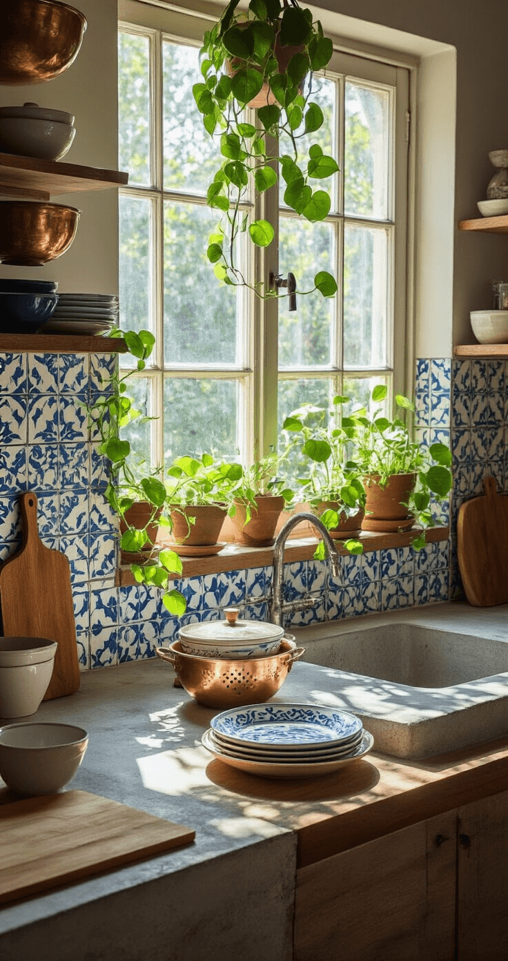 A bohemian kitchen bathed in soft morning light, featuring concrete countertops, handmade ceramic dishes, a vintage copper colander, and trailing pothos plants. The geometric blue and white patterned cement tiles complement the wooden cutting boards, arranged with a relaxed and organic feel, highlighting natural imperfections in the slightly off-center composition.