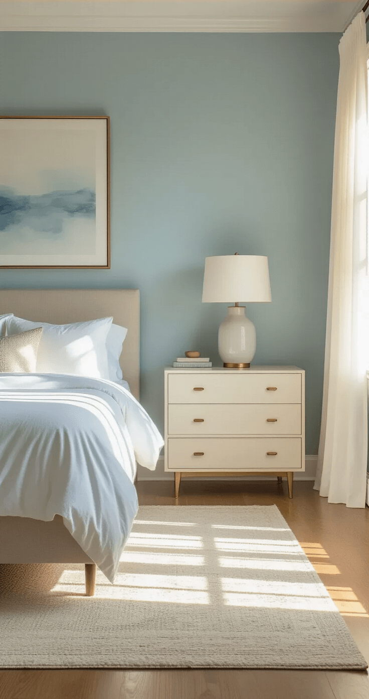 Expansive bedroom with celestial blue walls illuminated by warm sunlight, featuring a king-sized bed with white linens, a brass bedside table with a ceramic lamp, and a mid-century modern dresser adorned with abstract art, captured from a low angle.
