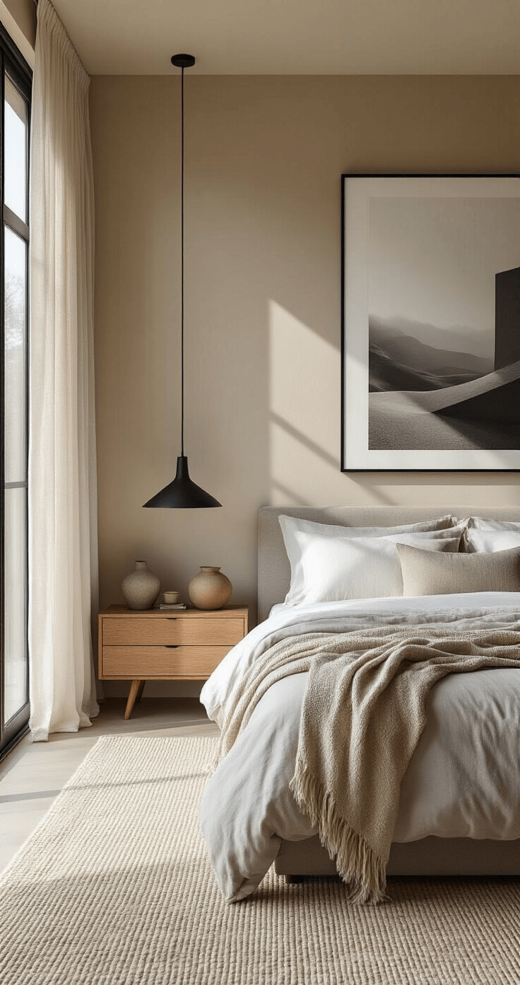 Minimalist bedroom with warm taupe plaster walls, large floor-to-ceiling windows bathed in morning light, a king bed adorned with gray and white linens, oversized black and white art, matte black floor lamp, wood nightstands with ceramic decor, a woven throw, and a cream wool area rug.