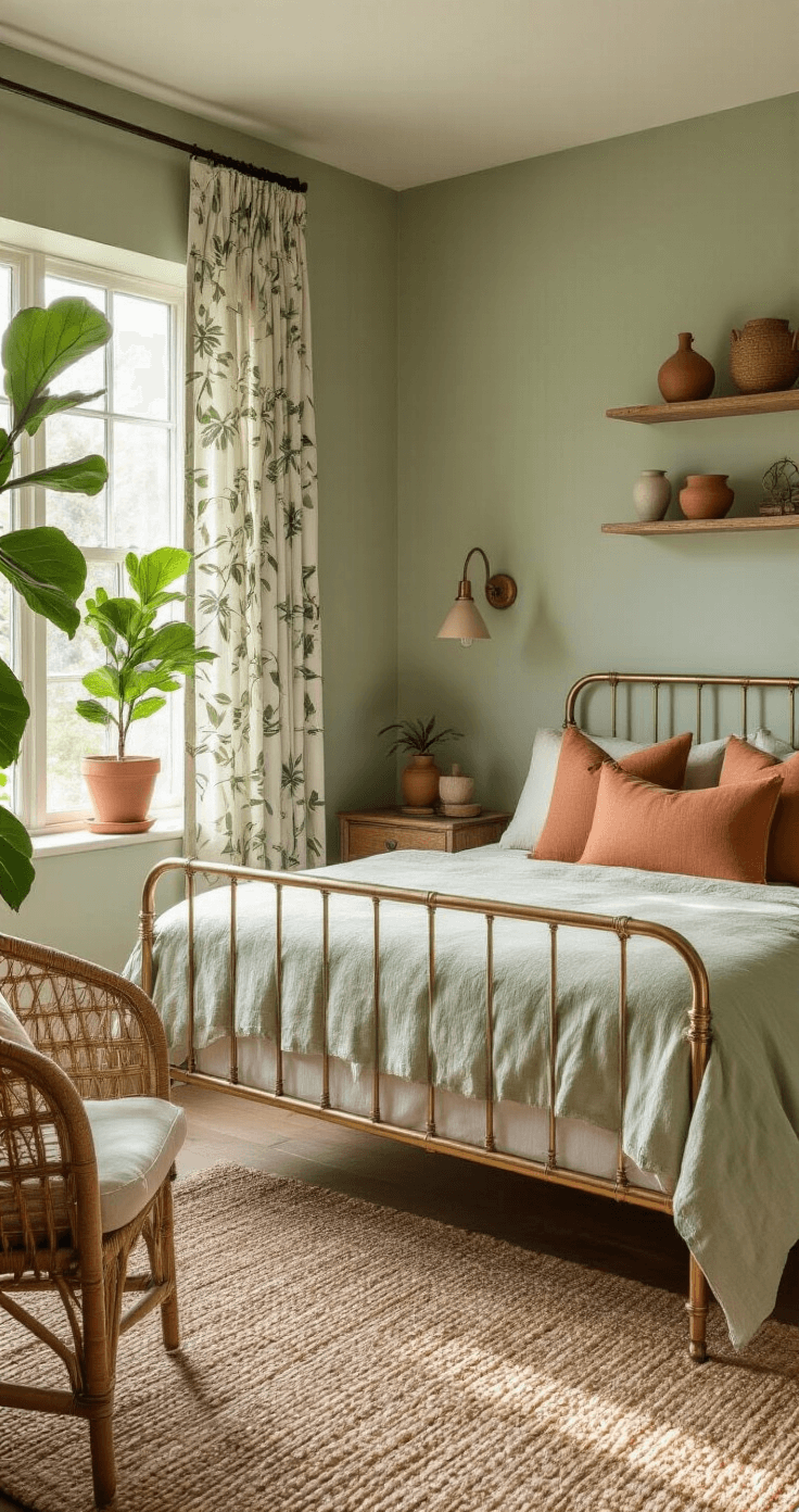 Intimate guest bedroom featuring soft sage green hues, vintage brass bed frame with oatmeal linen bedding, terracotta accent pillows, woven rattan armchair, and a fiddle leaf fig plant; warm afternoon light illuminating textured walls and botanical print curtains, with curated ceramics and plants on floating shelves and a handwoven area rug.