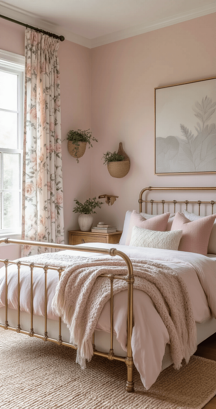 Cozy guest bedroom with pastel rose walls, vintage brass bed, dusty rose bedding, botanical curtains, antique dresser, and natural textures, illuminated by late afternoon sunlight.