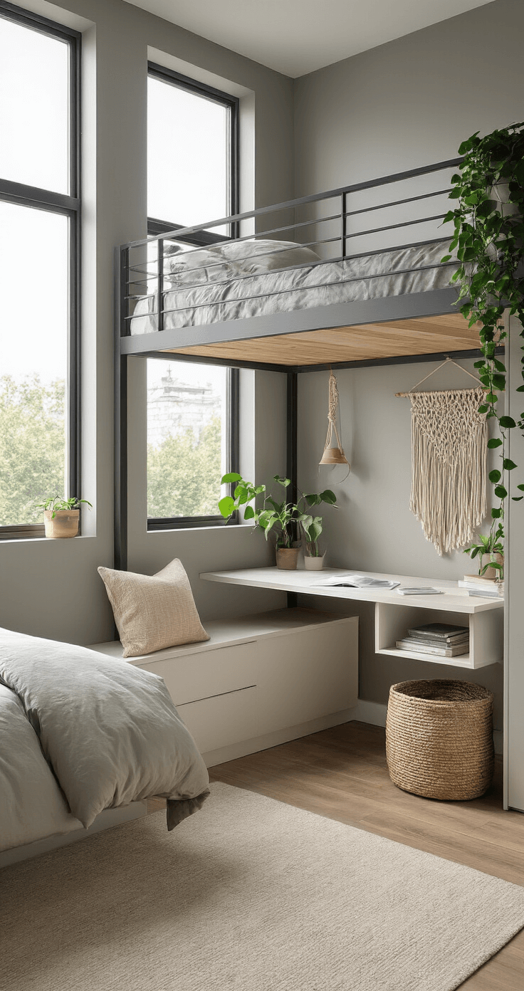 A modern teen bedroom featuring a loft bed with an industrial-style metal frame, soft gray walls, and a minimalist workspace below. Large windows allow natural light to illuminate a sleek white desk with integrated shelving, adorned with a macramé wall hanging and trailing pothos plants. The room showcases a neutral color palette of charcoal, warm beige, and sage green, with an emphasis on vertical space utilization and multi-functional design.