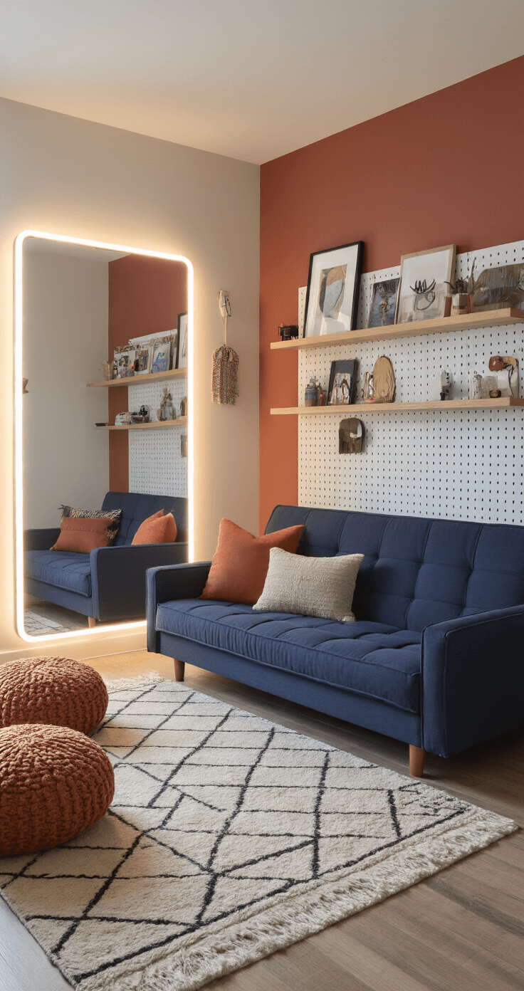 Contemporary teenage social hub bedroom featuring distinct zones, including a full-length mirror with ring light, a custom terracotta pegboard wall with art and accessories, a mid-century modern navy futon surrounded by floor cushions and a geometric rug, floating wooden shelves with personal objects, and ambient LED lighting, all creating a warm and inviting atmosphere.