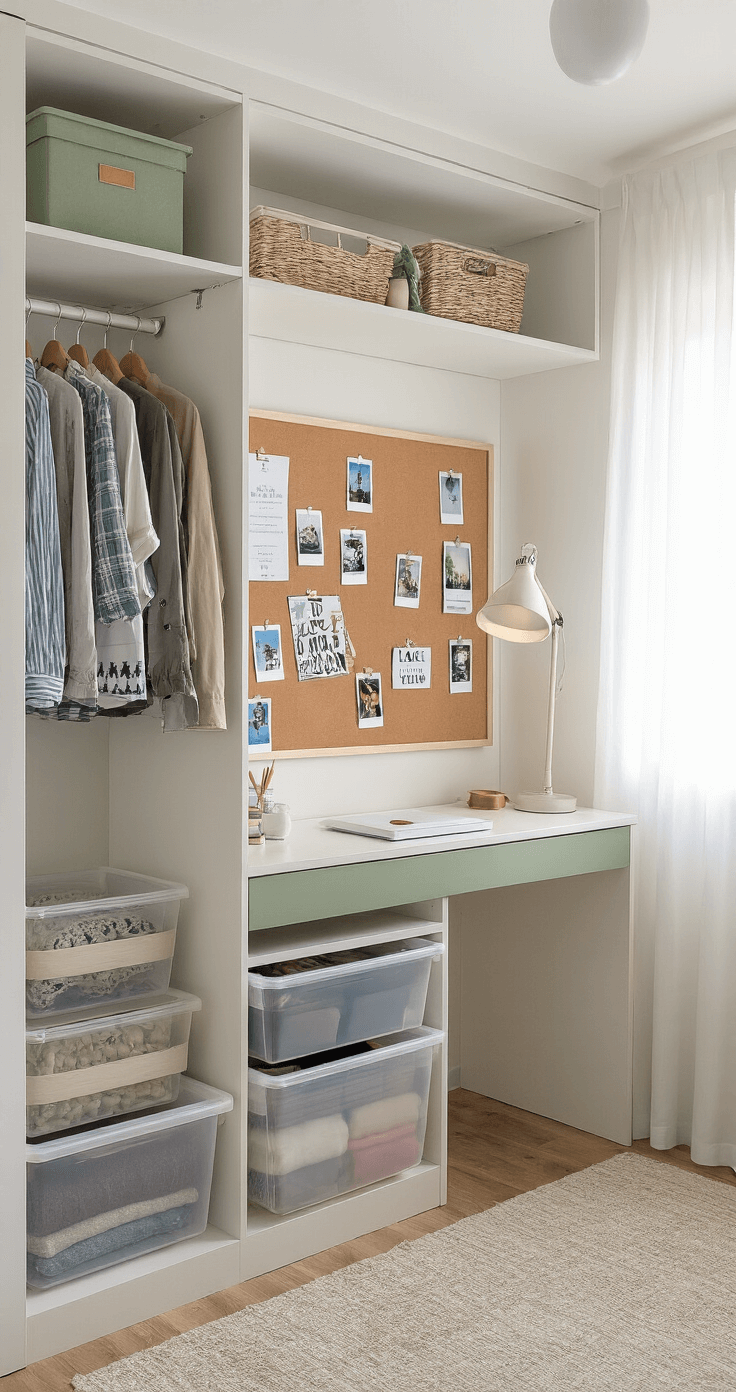 Compact teen bedroom featuring vertical storage solutions, white and sage green color scheme, custom closet system, Scandinavian-style bed with under-drawer storage, rolling storage containers, and a bulletin board filled with photos and tickets, illuminated by soft morning light.
