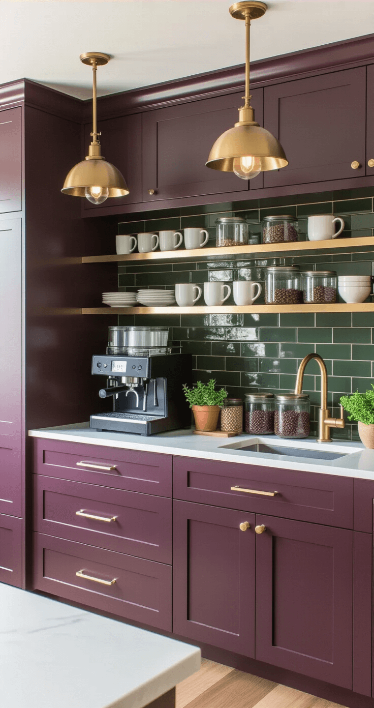 Intimate coffee station in modern kitchen with aubergine cabinetry, brass shelves, and espresso machine, featuring warm pendant lighting, deep green backsplash, wood accessories, glass canisters, and potted herbs, captured from an elevated angle with morning light.