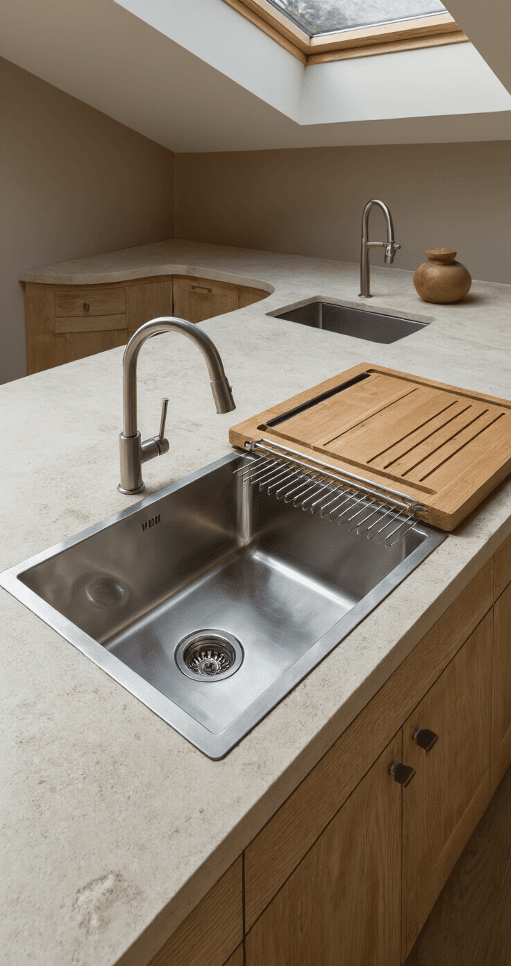 Dramatic workstation sink area with a large stainless steel basin, integrated cutting board ledges, and sliding drying racks, surrounded by whitewashed ash cabinetry and a stone countertop, illuminated by natural daylight from an overhead skylight.