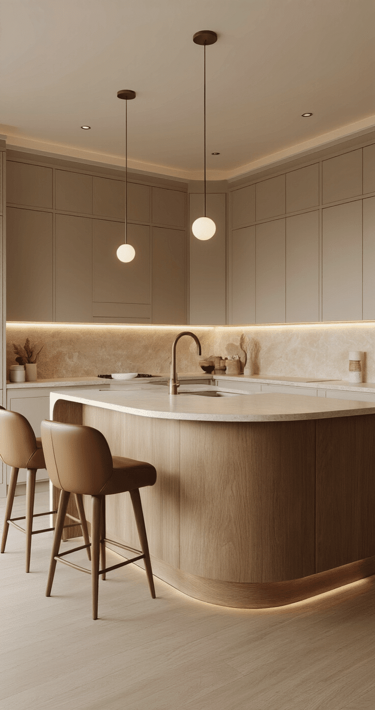 Sophisticated modern kitchen featuring a curved peninsula with a natural oak base and creamy stone waterfall countertop, complemented by cognac leather bar stools. The warm taupe cabinetry and deeper neutral walls create a cohesive tone-on-tone look, with a cream stone backsplash adding depth. Soft evening lighting from integrated LED strips and pendant fixtures enhances the sculptural quality of the island, emphasizing the seamless connection between the kitchen and living space.