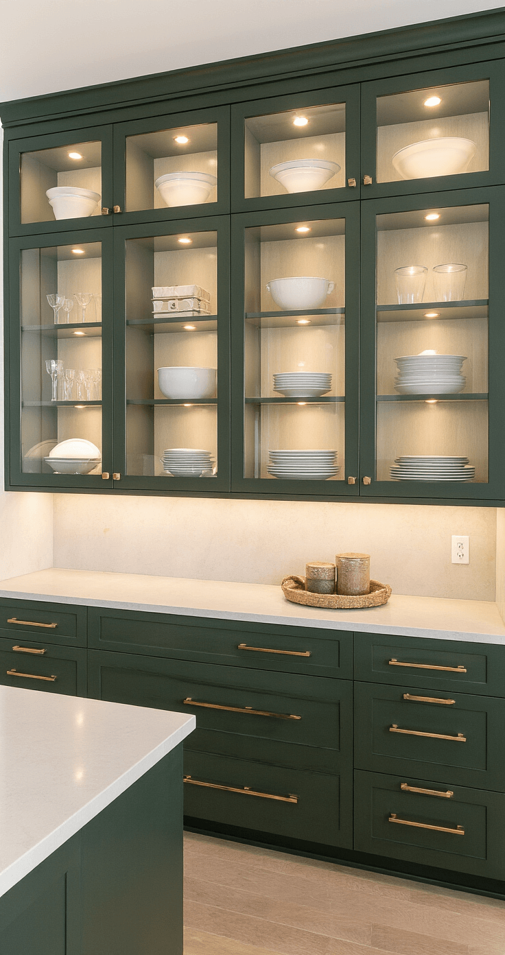 Luxurious kitchen storage showcase with floor-to-ceiling cabinetry featuring mixed glass-front and solid doors, illuminated by integrated LED lighting, deep forest green lower cabinets contrasting with lighter upper storage, and natural light enhancing the organized space.