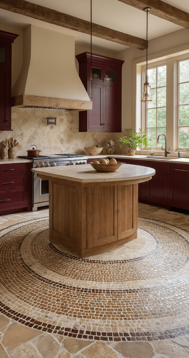 Artistic kitchen floor featuring a mixed-stone mosaic pattern in warm limestone and darker stones, with a curved wood and stone island and rich burgundy cabinetry, all illuminated by natural light highlighting the textures.