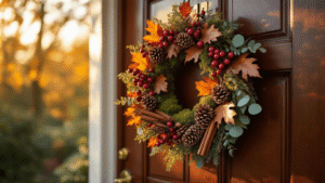 Cinematic close-up of a luxurious autumn wreath on a mahogany door, featuring deep burgundy berries, copper-toned oak leaves, silvery eucalyptus, cinnamon sticks, and pine cones, illuminated by warm golden hour sunlight with dramatic shadows.