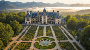 "Aerial view of Biltmore Estate mansion and gardens against the backdrop of the Blue Ridge Mountains in North Carolina with morning sunlight illuminating the architectural details"
