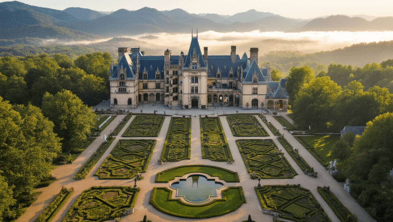 "Aerial view of Biltmore Estate mansion and gardens against the backdrop of the Blue Ridge Mountains in North Carolina with morning sunlight illuminating the architectural details"