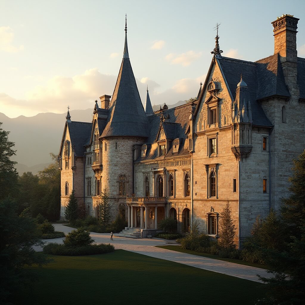 Ultra-realistic photo of Biltmore Estate at golden hour showcasing intricate architectural details, stone facade, and Blue Ridge Mountains in the background, 8K resolution