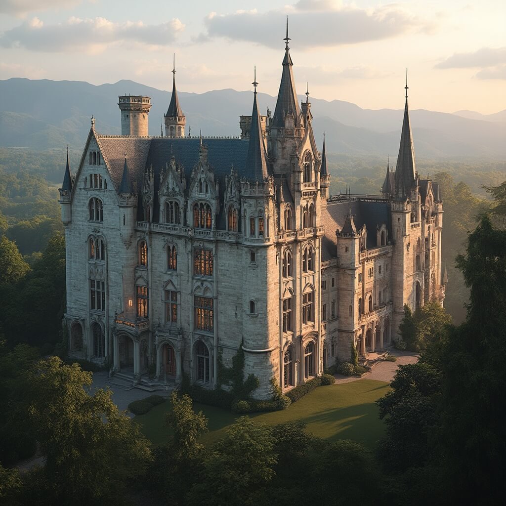 Sunset photography of Biltmore Estate showcasing its Châteauesque architectural details against a soft mountain landscape backdrop, with lighting highlighting the ornate window frames and textures of the stone facade.