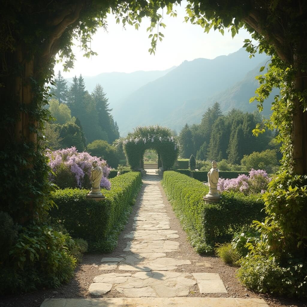 Panoramic view of Biltmore's meticulously designed gardens with marble statues, wisteria-draped pergola, manicured pathways, and Italian garden elements in soft morning light.