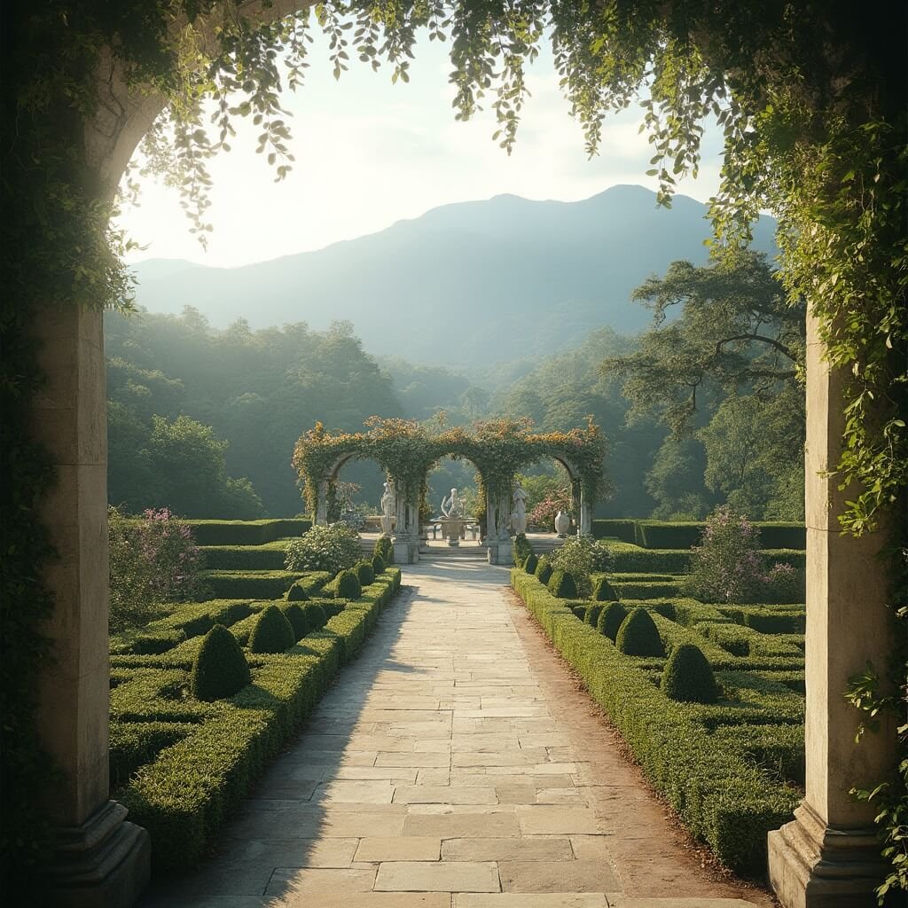 Biltmore's manicured gardens with marble statues, a wisteria-covered pergola, and pathways, showcased in soft morning light with mountain terrain backdrop and Italian garden elements.