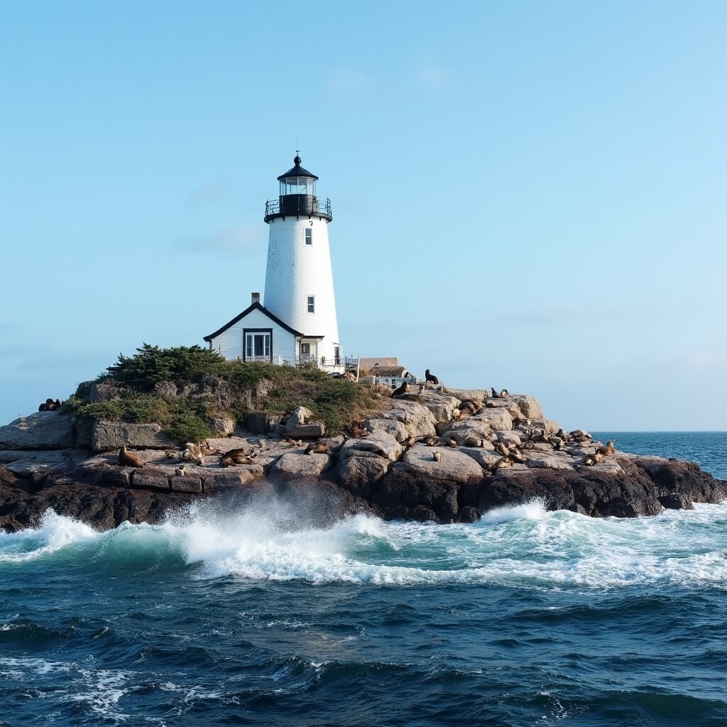 Boon Island Lighthouse on Maine's rugged coastline with basking seals on granite ledges, captured from a rigid inflatable boat