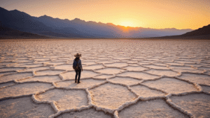 "Dramatic landscape photograph of Badwater Basin's salt flats in Death Valley at golden hour, with a lone hiker for scale and mountains silhouetted against an orange-pink sunset sky."
