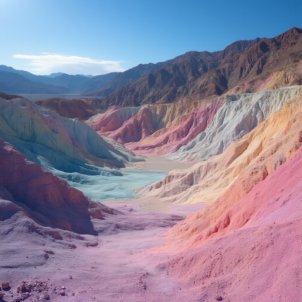 8K image of the Artist's Palette in Death Valley showcasing vibrant mineral-rich mountain slopes with a rainbow gradient of colors in early morning light