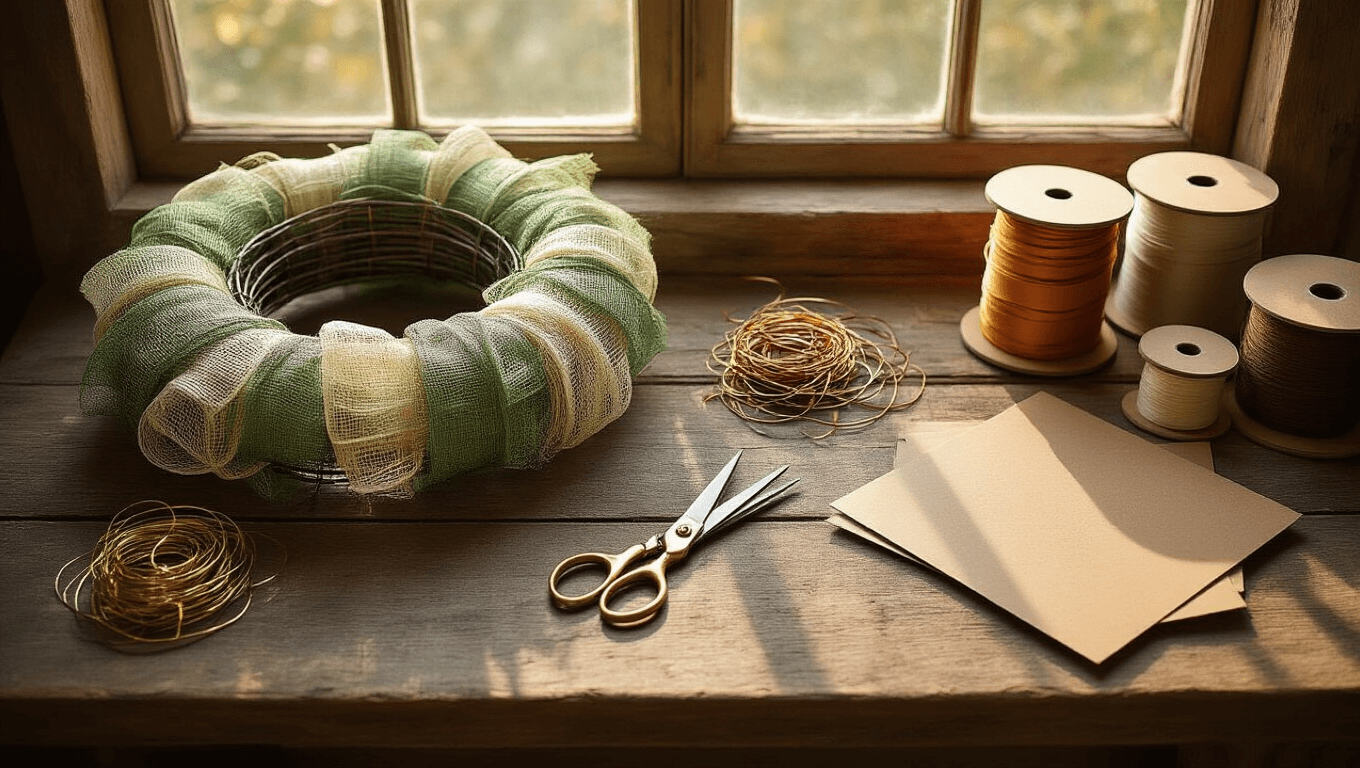 Overhead shot of a rustic oak workbench with organized wreath-making supplies, including deco mesh rolls, vintage scissors, and autumn ribbon spools, illuminated by warm golden hour light.