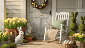 Cinematic Easter porch scene featuring weathered concrete garden rabbits, terra cotta planters with pale yellow tulips and daffodils, a grapevine wreath with speckled eggs on a distressed wood door, and a vintage rocking chair with a burlap table runner and sage green pillow, all bathed in golden hour light.