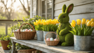 Cinematic wide-angle shot of a rustic farmhouse Easter porch with a moss-covered bunny statue, galvanized metal planters filled with yellow tulips, and a vintage wicker basket of pastel eggs on a distressed bench, bathed in warm morning light.