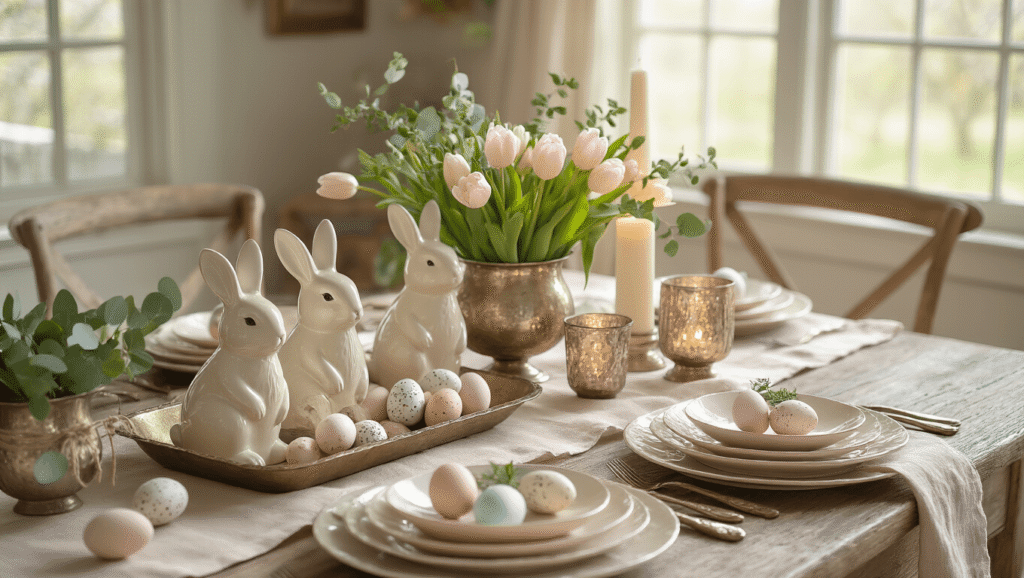 Elegant Easter tablescape with ceramic bunnies, speckled wooden eggs, blush linen runner, mercury glass candle holders, fresh tulips, and pastel plates under warm golden hour lighting.