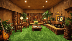 "Interior view of Elvis Presley's Jungle Room at Graceland, featuring green shag carpet, tiki-style furniture, tropical plants, and personal artifacts including his guitar and gold records, illuminated by warm golden lighting."