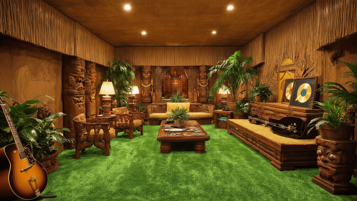 "Interior view of Elvis Presley's Jungle Room at Graceland, featuring green shag carpet, tiki-style furniture, tropical plants, and personal artifacts including his guitar and gold records, illuminated by warm golden lighting."