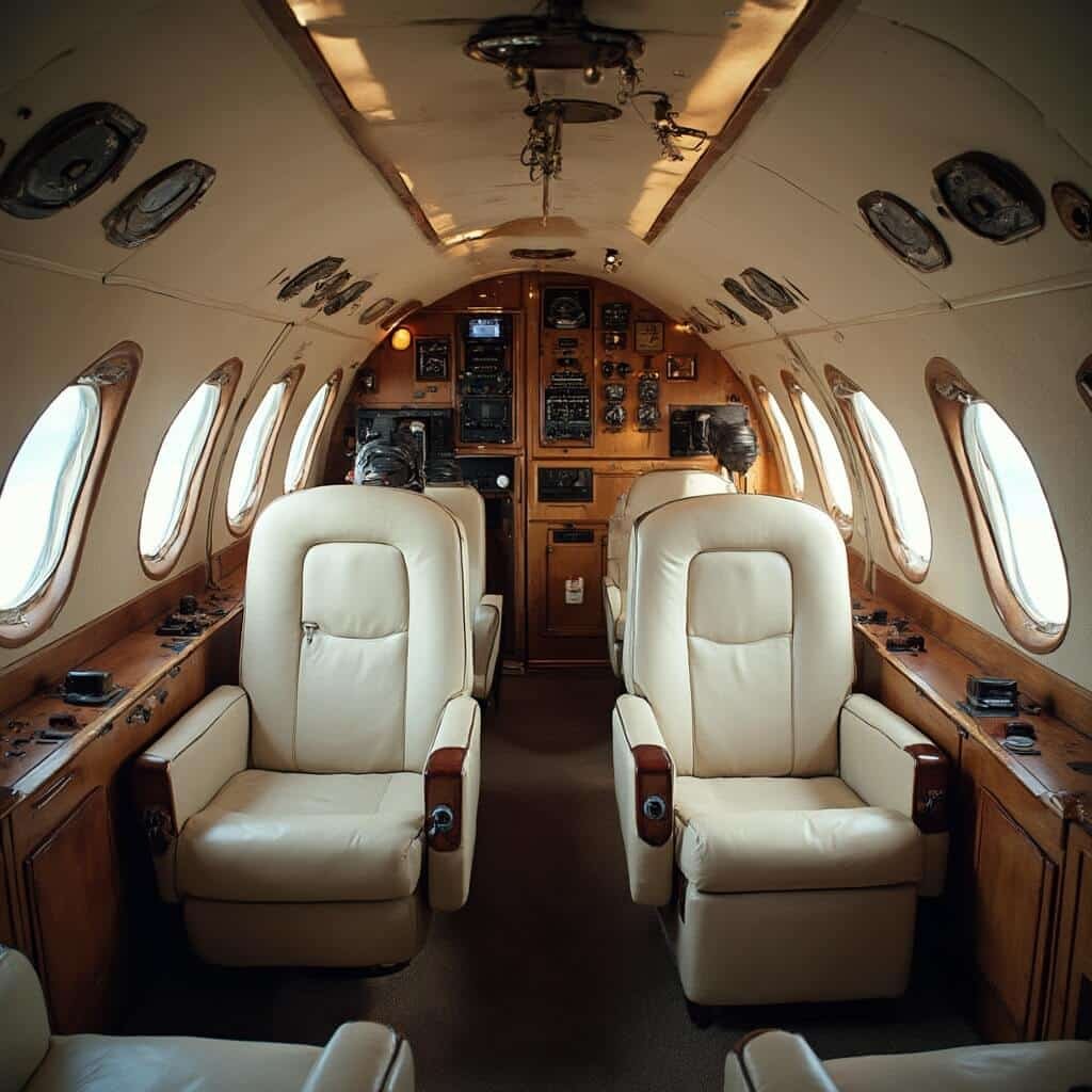 Elvis Presley's custom aircraft, the Lisa Marie, against dramatic Memphis sky showcasing white leather interior, wood paneling, and vintage navigation equipment.