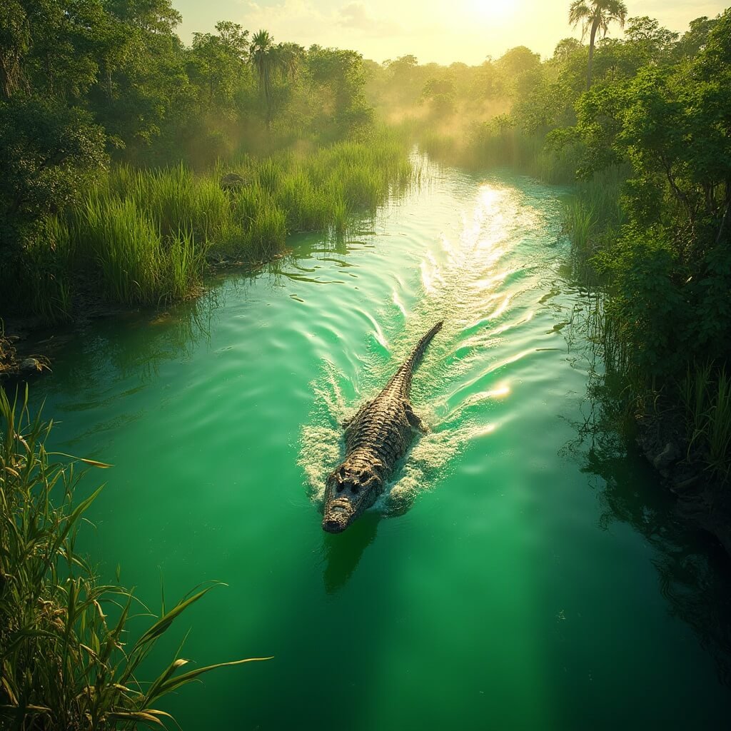 Airboat cruising through Everglades' River of Grass under morning sunlight, large alligator partially submerged in foreground, surrounded by dense mangroves and tropical vegetation, wide-angle perspective highlighting the vast wilderness.