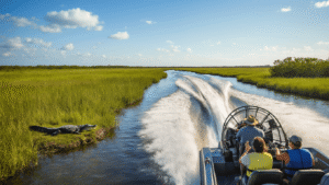 "High-speed airboat cutting through Everglades waters with tourists pointing at a sunbathing alligator, surrounded by lush sawgrass prairie under a bright Florida sky"