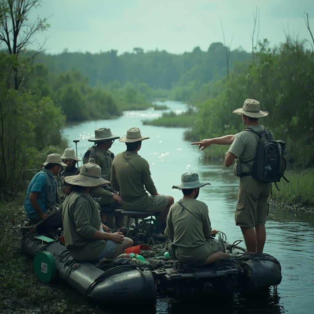 Tourists in safari outfits on an airboat tour, guided by a local in the intricate waterways of Everglades National Park, with captivating subtropical vegetation and atmospheric lighting