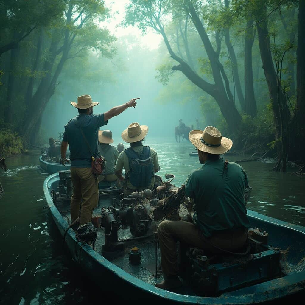 Tourists on airboat tour led by local guide, exploring Everglades National Park's dense vegetation and water channels, with details of the boat's propeller system, in soft atmospheric lighting