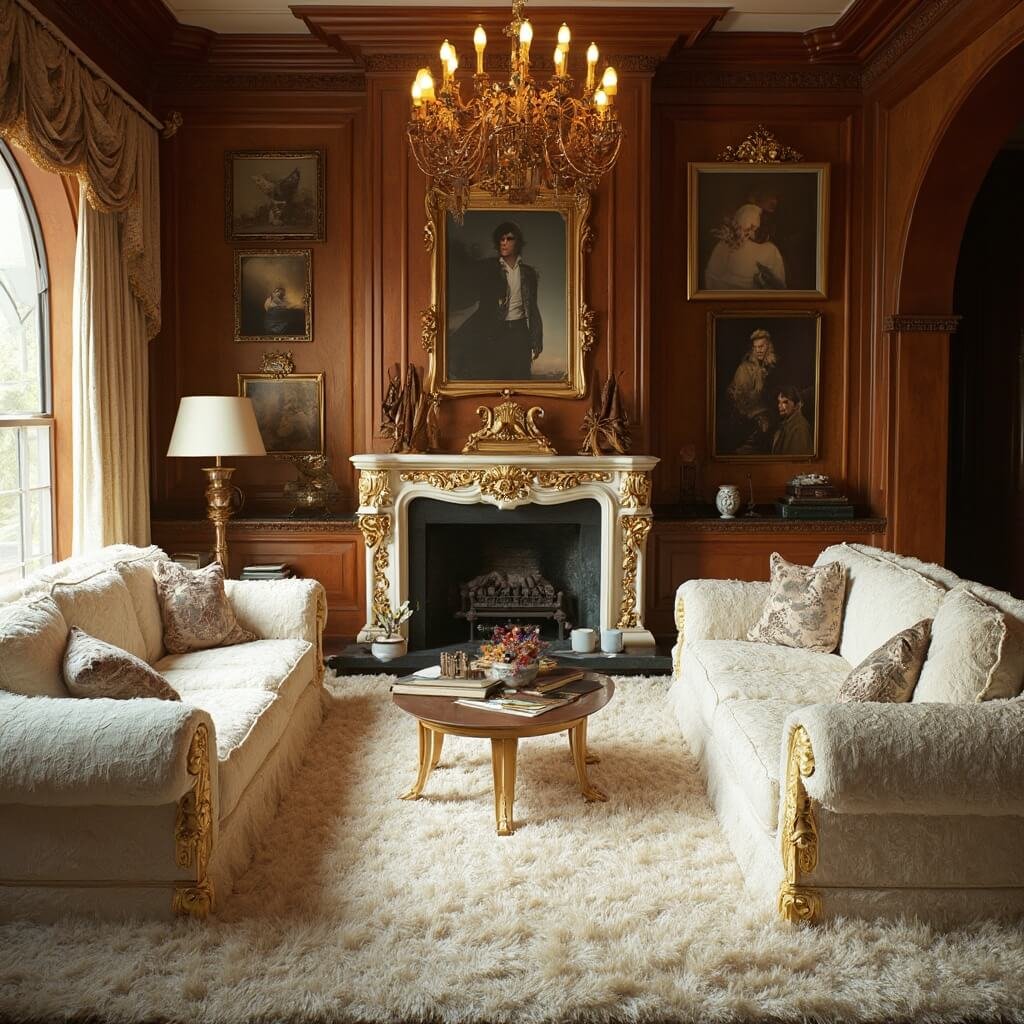 Ultra-realistic image of Graceland's iconic 1970s living room, showcasing white shag carpeting, gold-detailed furniture, a grand fireplace, vintage family photos, and rich wood paneling under soft amber lighting.