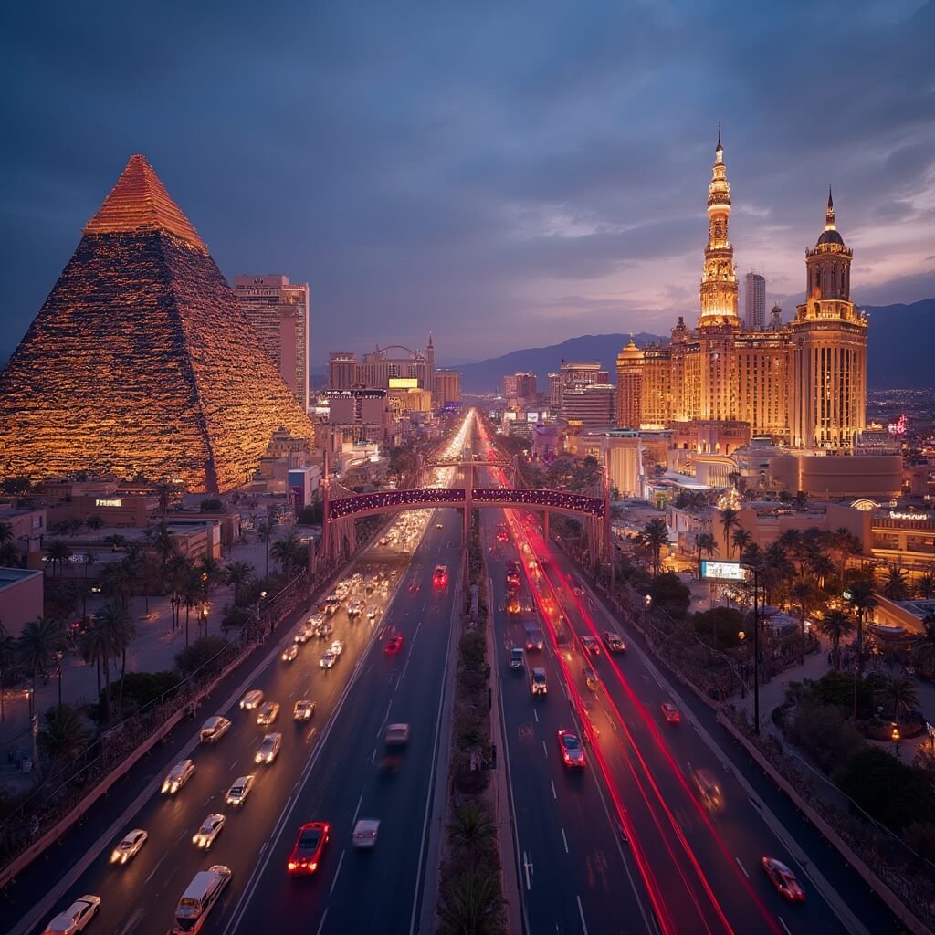 Dusk view of the Las Vegas Strip showcasing neon lights of Luxor and Excalibur resorts, illuminated boulevard, and pedestrian bridges silhouetted against twilight sky.