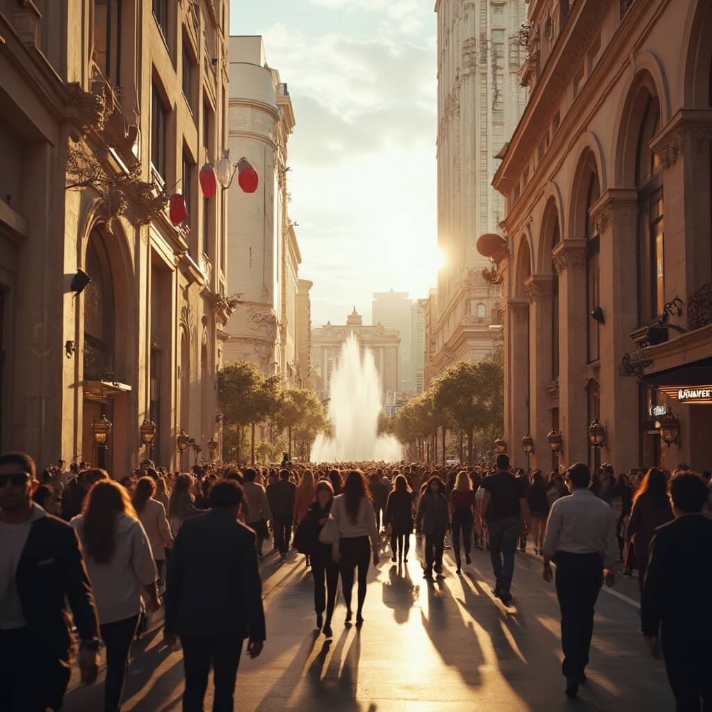 Bustling crowd on Las Vegas Strip's walkway with Bellagio fountains in backdrop during golden hour
