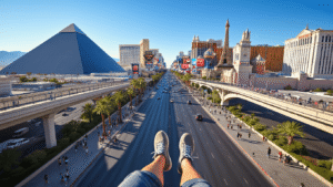 "First-person view of a clear day on the vibrant Las Vegas Strip featuring iconic casino resorts, crowded sidewalks, pedestrian bridges, and glowing neon signs with the wearer's walking shoes visible in the foreground."