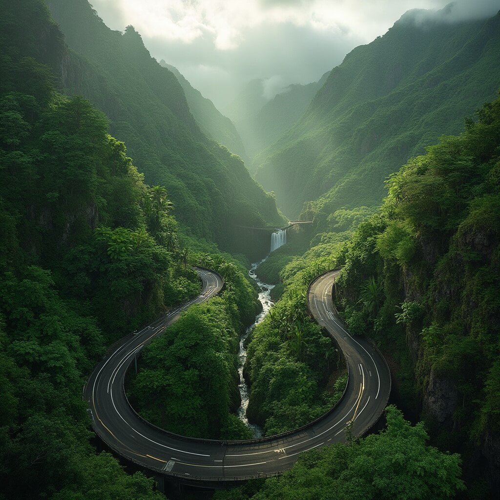 Dramatic aerial view of the winding Road to Hana in Maui, revealing hairpin curves through dense jungle, single-lane bridges over rushing streams, cascading waterfalls, steep cliffs, and golden hour lighting creating dramatic shadows on the challenging terrain.