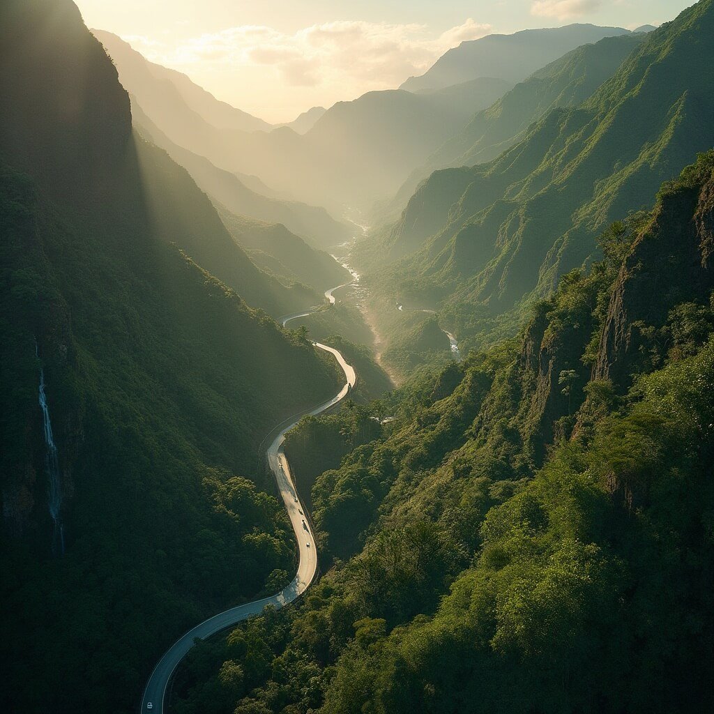 Aerial view of the winding Road to Hana carved into lush Maui mountainsides with tropical vegetation, bamboo forests, single-lane bridge, cascading waterfalls, and morning mist rising from the valley during golden hour.
