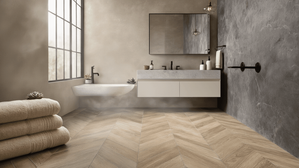 Ultra-realistic modern bathroom showcasing greige herringbone porcelain tiles, warm oak luxury vinyl planks, and polished charcoal concrete flooring, accented by a floating white vanity and matte black fixtures, with soft morning light enhancing the rich textures and an inviting atmosphere.