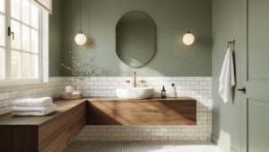 Cinematic interior of a modern bathroom with herringbone white subway tiles and charcoal grout, featuring warm golden hour light, a walnut vanity with a vessel sink, polished brass fixtures, fluffy white towels, a sage green accent wall, and large porcelain floors, creating a sophisticated and inviting spa-like atmosphere.